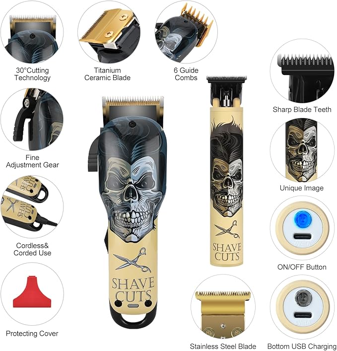 BESTBOMG® Hair Clippers & Trimmer Ceramic T-Blade Cordless Haircut Sets Rechargeable with 10 Guide Combs & for Men/Father/Husband/Boyfriend