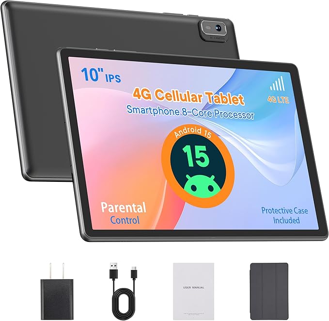 HAOVM Android 15 Tablet 10 Inch 4G LTE Cellular Tablet Unlocked with SIM Card Slot,Octa-Core Helio G80 CPU for Fast Gaming & Streaming,8MP Camera,GPS,Parental Control,Includes Protective Case,Black