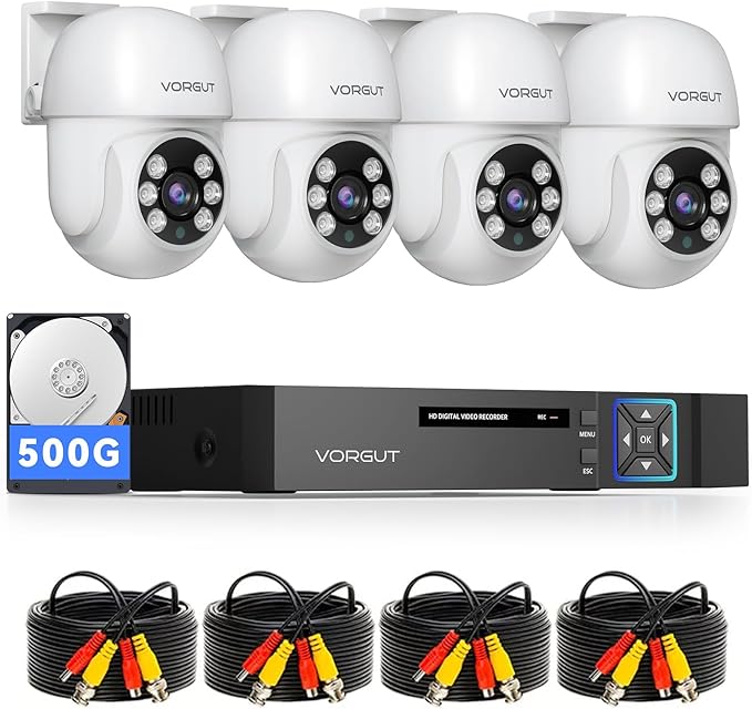 Wired Security Camera System Outdoor, 4pcs Pan/Tilt CCTV Cameras and 4CH 5MP Lite AHD TVI DVR (500GB HDD), 360° View Surveillance DVR Kit, Motion Detection, 24/7 Recording, Remote Access