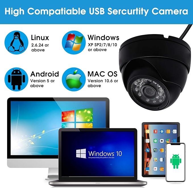SVPRO Waterproof USB Security Camera with 80ft Infrared Night Vision, HD 720P Outdoor Indoor Day Night Video Camera,CCTV Dome Camera for Home Surveillance System,3.6mm Lens with IR-Cut,Metal Housing