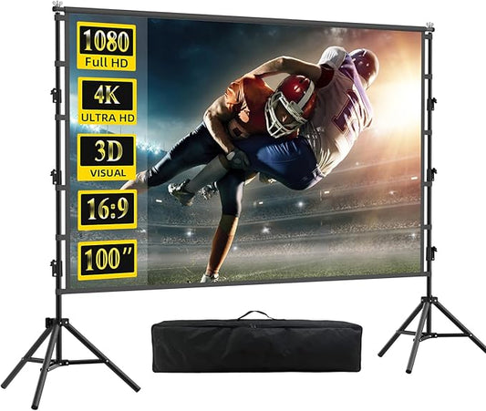 120 inch Projector Screen with Stand,HUANYINGBJB Indoor Projection Screen, Portable 16:9 4K HD Rear Front Movie Screen with Carry Bag for Theater Backyard Movie Night,Cinema School, Churches