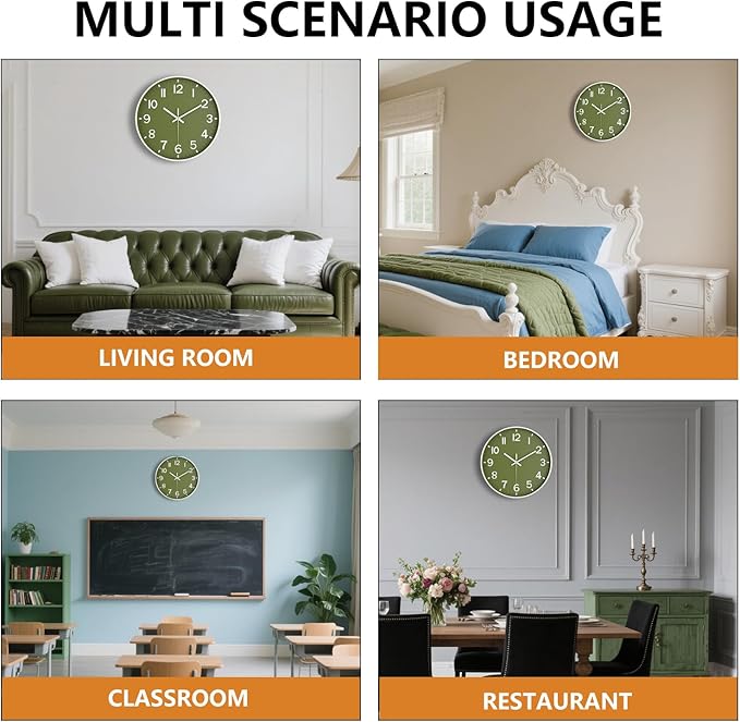 Wall Clocks Battery Operated, 12 Inch Non Ticking Wall Clock, Silent Analog Clock for Bedroom Living Room Kitchen Office Gym Classroom Decor, Large Number Clocks for Seniors, Olive Green