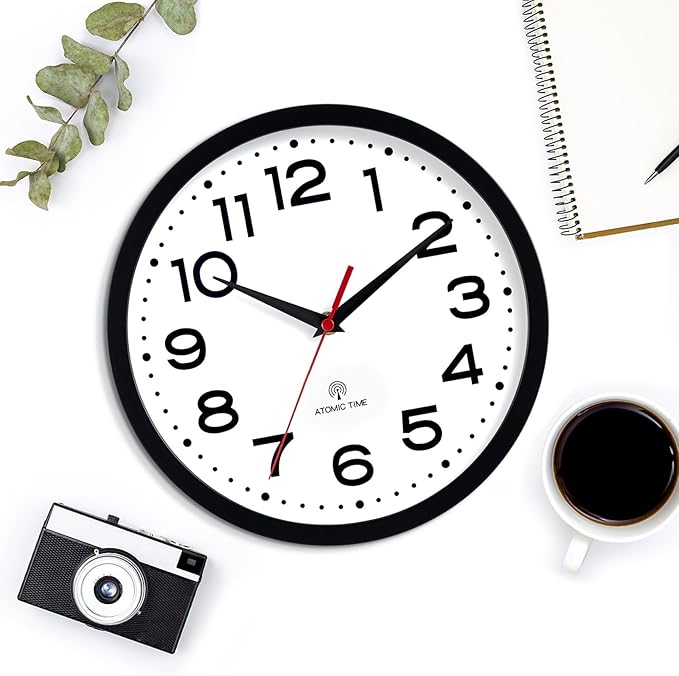 Atomic Wall Clock 10 Inch, Modern Clock Battery Operated Classic Analog Decorative for Kitchen, Living Room, Office, Bedroom, Bathroom (Black)