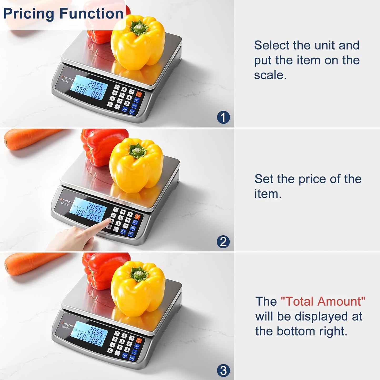 110lb Food Scale, Commercial Kitchen Scale with Price Computing, Plug-in Usable, 0.05oz/1g, 304 Stainless Steel, for Cooking, Vegetables, Farm, Industry, Counting. LC300 Grey