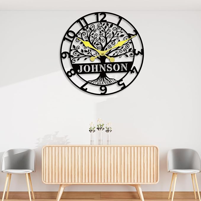 Personalized Metal Wall Clock with Tree of Life Design, Custom Family Name Clock, Decorative Steel Wall Art, Housewarming Gift, Living Room Bedroom Kitchen Home Decor