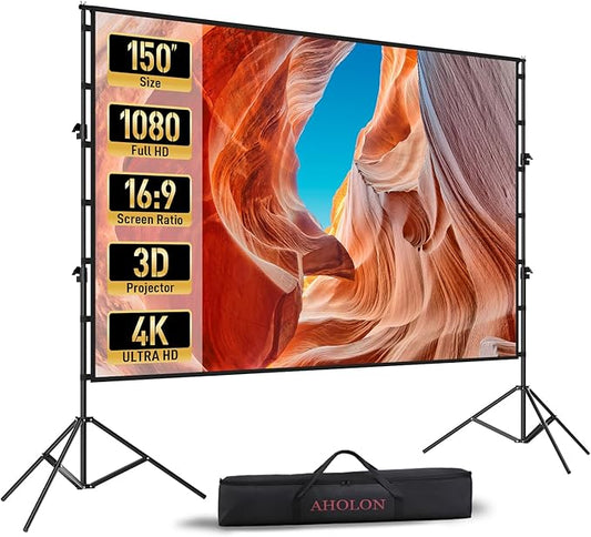 Projector Screen with Stand - 150 Inch Projector Screen Outdoor Indoor Projector Screens 16:9 4K HD Outdoor Movie Screen with Carry Bag,Enioy Home Theater Projection Screen
