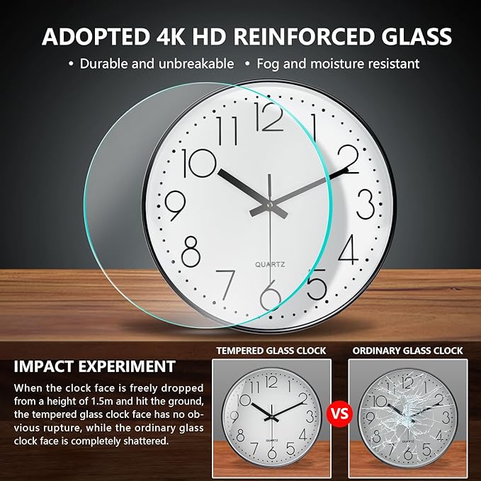 Wall Clock, Silent Wall Clocks Battery Operated 10 Inch Modern Non Ticking Analog Clock with Large Numerals Tempered Glass Clocks for Bedroom, Living Room, Kitchen, Office Decor, White Black