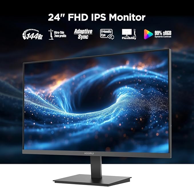 KOORUI 24 Inch Gaming Monitor 144Hz Full HD 1920 x 1080p IPS Ultra-Slim Display with HDMI VGA, Adaptive Sync, 99% SRGB, VESA 100x100mm, Eye Care, Tilt, Black, E2411K