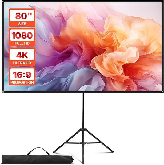 VEVOR Projector Screen with Stand, 80 Inch 160° Wide Angle Indoor Outdoor Projection Screen, 16:9 4K HD Wrinkleless Portable Tripod Screens with Carry Bag, for Movie Home Theater Office Presentation