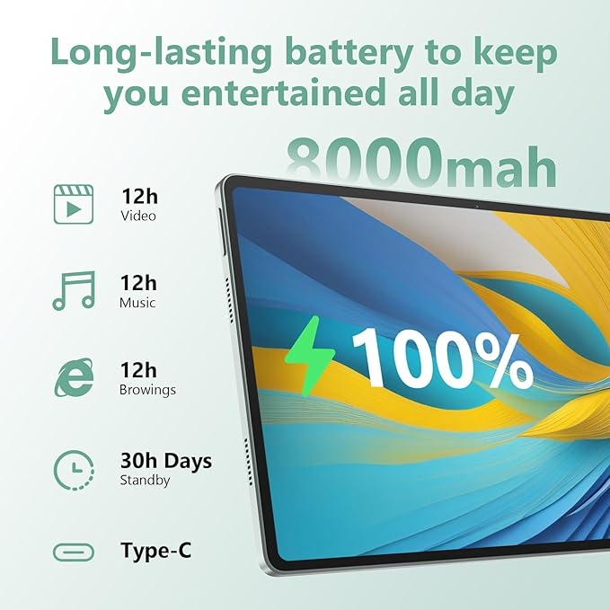 11 inch Tablet, Android 15 Tablet 20GB RAM +128GB ROM+1TB Expand, Octa Core Processor 8000mAh Battery, 1920x1200 IPS Touch Screen, 5+8MP Dual HD Camera, 5G WiFi , Widevine L1, Matel Green with Case