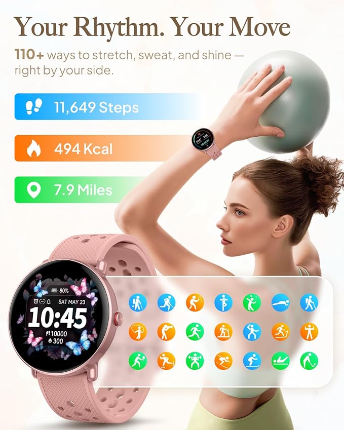 Smart Watch for Women Men, for Android iOS with Sleep & Calorie Monitor, Pedometer Fitness Tracker, Bluetooth Call, IP68 Waterproof, 112+ Sport Modes Round Face Smartwatch (Casual, Pink, 1.39)