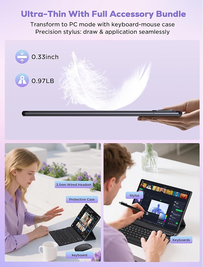 2025 Tablet 10.4 inch Android 15 Tablets with Keyboard Stylus Mouse: 2K IPS Tablette (2000x1200), 36GB+256GB(1TB TF), 5G/2.4G Dual WiFi, 8-Core 1.6GHz, 8000mAh,8+13MP, Widevine L1- Black