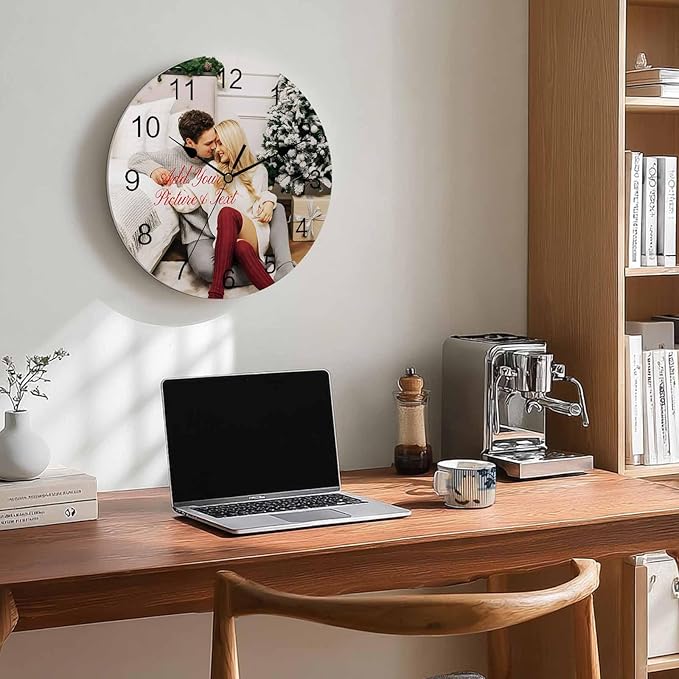 Personalized Clocks with Picture/Text, Custom Photo Silent Wall Clock Non Ticking, Wall Clocks Decorations for Kitchen, Bedroom, Living Room, Idea Gifts for Him Her Christmas (10", 12", 14")