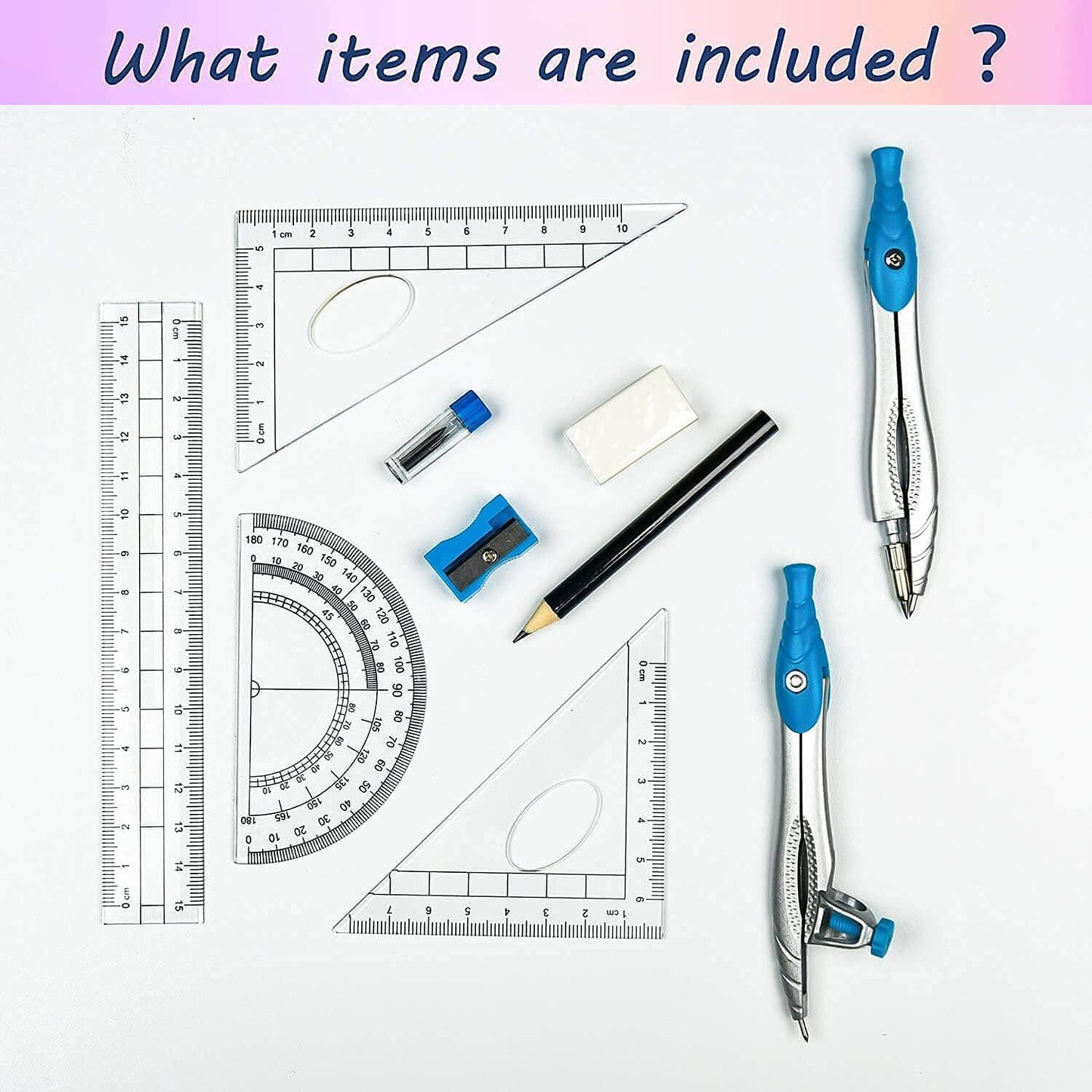 Lifreer Geometry Set,10 Pcs Protractor and Compass Set, Math and Ruler Set for Students, Class Supplies, and School - Essential Compass Geometry Tools for Precision and Quality (Blue)