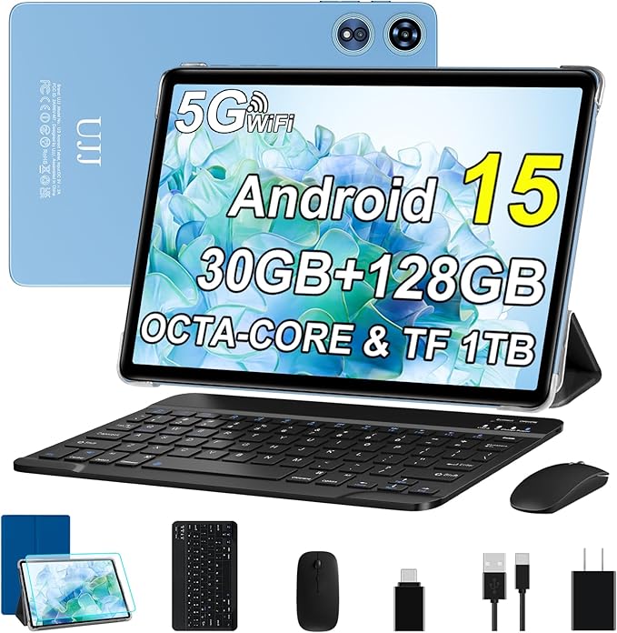 Tablet 10 inch Android 15 Tablets 30GB RAM 128GB ROM 1TB Expand, 8000mAh Octa-Core Tablets with Keyboard Mouse, HD IPS Display, Gemini AI, GPS, 5G WiFi, Widevine L1, Split-Screen - Metal Blue