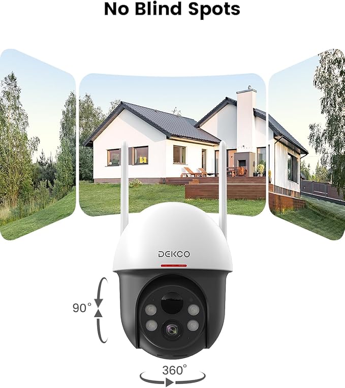 DEKCO Security Cameras Wireless Outdoor, Solar Powered, Panoramic PTZ, Auto Motion Tracking, True 2K, Color Night Vision, Spotlights, 2-Way Talk, 2 Pac