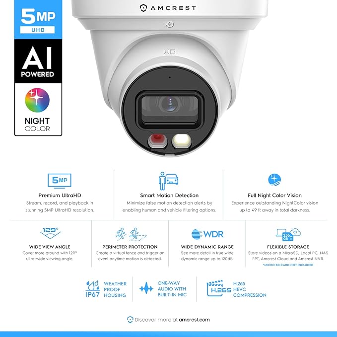 Amcrest 2-Pack AI Turret IP PoE Camera w/ 49ft Nightvision, Security IP Camera Outdoor, Built-in Microphone, Human & Vehicle Detection, Active Deterrent,129° FOV, 5MP@20fps 2PACK-IP5M-T1277EW-AI