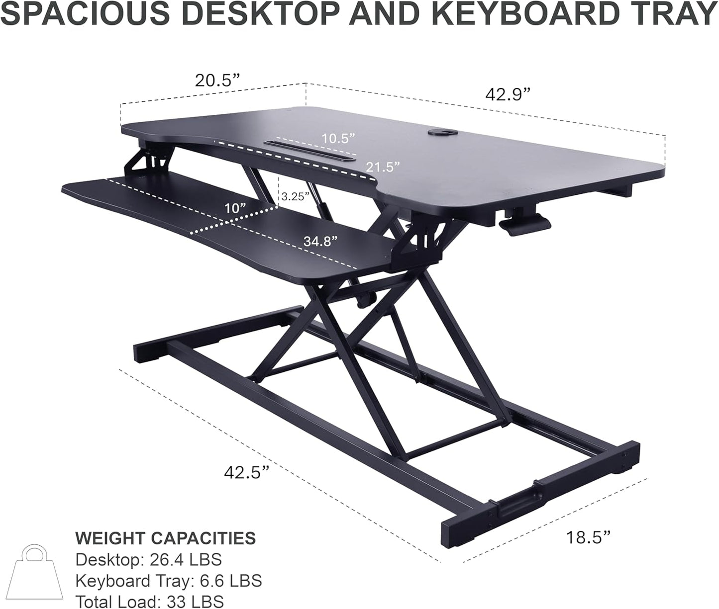 Rocelco 43" Height Adjustable Standing Desk Converter with Anti Fatigue Floor Mat - Tall Stand Up Tabletop Riser and Tablet Slot - Computer Workstation - Deep Keyboard Tray - Black (R VADRB-43-MAFM)