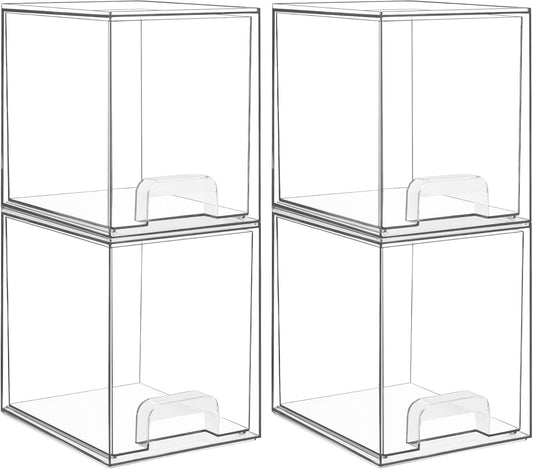 Vtopmart 7.6" H Clear Stackable Storage Drawers, 4 Pack Plastic Organizers Bins for Skincare, Cosmetics,Beauty Supplies,Ideal for Vanity, Bathroom,Kitchen Countertop,Cabinet Organization