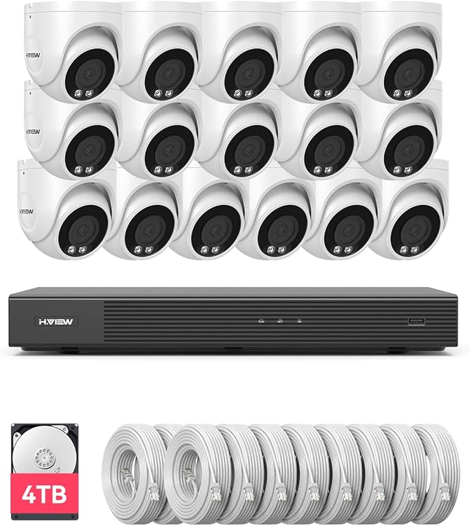 H.VIEW 16 Channel NVR PoE Security Camera System Wired, 8MP 4K 16CH Commercial NVR 4TB, Smart AI Color Night, 16x 8MP Outdoor Audio IP Cameras, 16x Network Cables, CCTV for Businesses Home