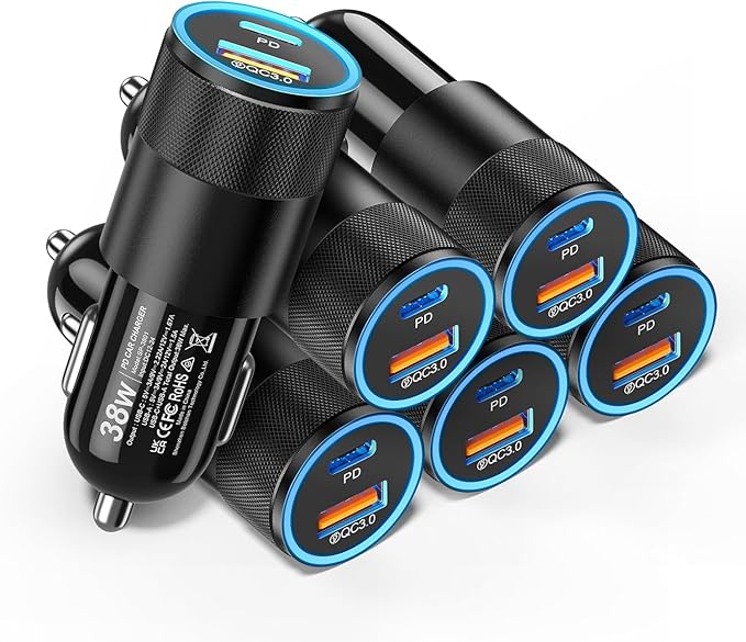 6 Pack USB C Car Charger, Ancekoy 38W Dual USB-C + USB-A Car Charger Adapter Fast Charge PD/QC 3.0 Cigarette Lighter Adapter USB Charger Plug for iPhone 17/16/15/14/13/12/11/Pro Max, iPad, Samsung