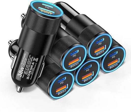 6 Pack USB C Car Charger, Ancekoy 38W Dual USB-C + USB-A Car Charger Adapter Fast Charge PD/QC 3.0 Cigarette Lighter Adapter USB Charger Plug for iPhone 17/16/15/14/13/12/11/Pro Max, iPad, Samsung