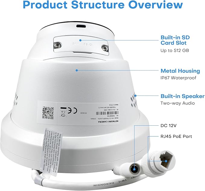 5MP PoE IP Turret Camera, PoE Camera Outdoor w/Red-Blue Alarm Lights & Sound, 98FT Smart Color Night Vision, 2-Way Audio, AI Human/Vehicle Detection, Full Metal IP67, 114°Wide Angle