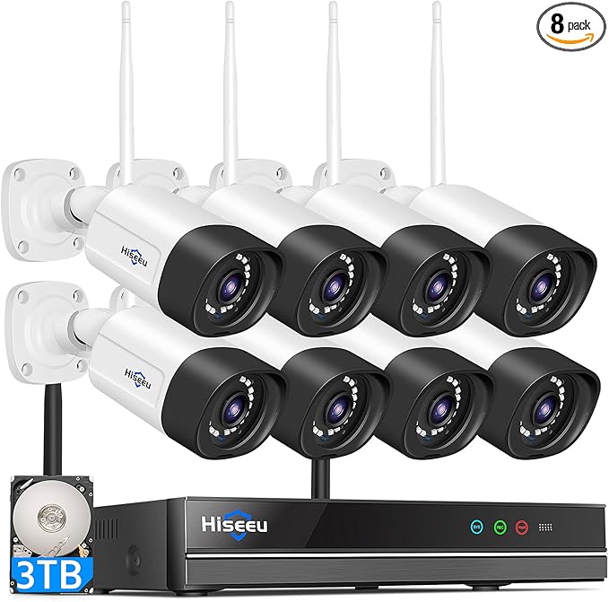 Hiseeu Wireless Security Camera System Outdoor, 5MP WiFi Camera for Home, 16CH WiFi-Pro 8 Cam-Kit, 2-Way Audio, Color Night Vision, IP66 Waterproof, 3TB Storage, 24/7 Recording, No Monthly Fees