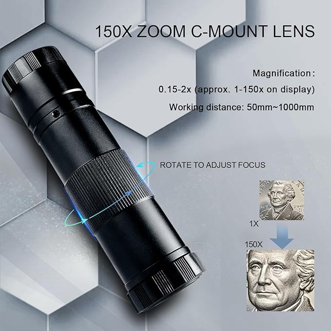 NICE-POWER Digital Microscope, 48MP 4K 1080P HDMI Type-C/USB Industrial Video Microscopes Camera, 150X Zoom C-Mount Lens, Foldable Stand, LED Ring Light, Soldering Microscope for Electronics Repair