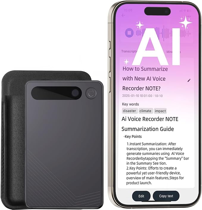 AI Voice Recorder, Transcription, Summary, Mind Map with AI Technology Support 128 Languages, 64GB Magnetic Case Audio Recorder for Lectures, Meetings, Calls