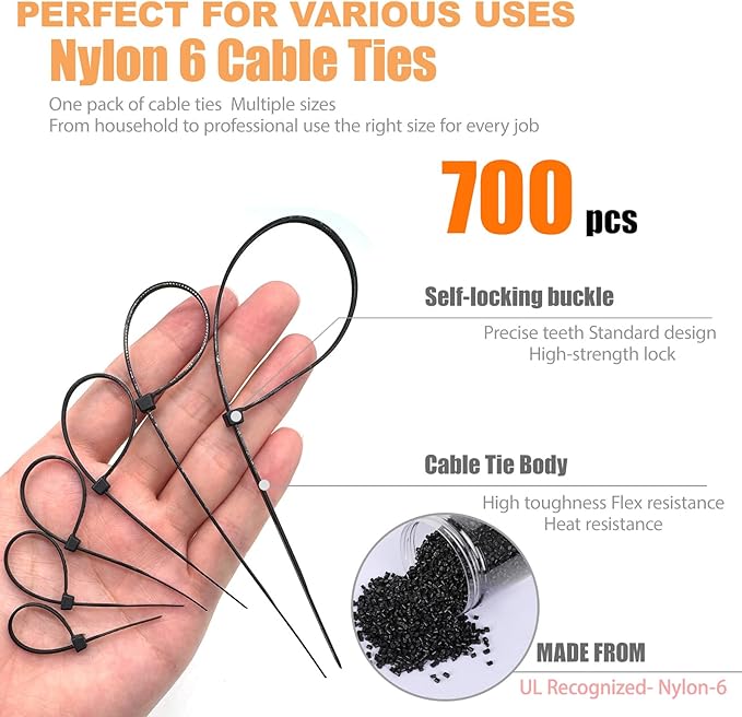 700 Pcs Cable Ties,6 Size 3.2/4/4.7/6/8/10 Inch Black Nylon Electrical Zip Ties,Zipties Assorted Sizes for Home Office,Gardening,Electronics,Cable Management