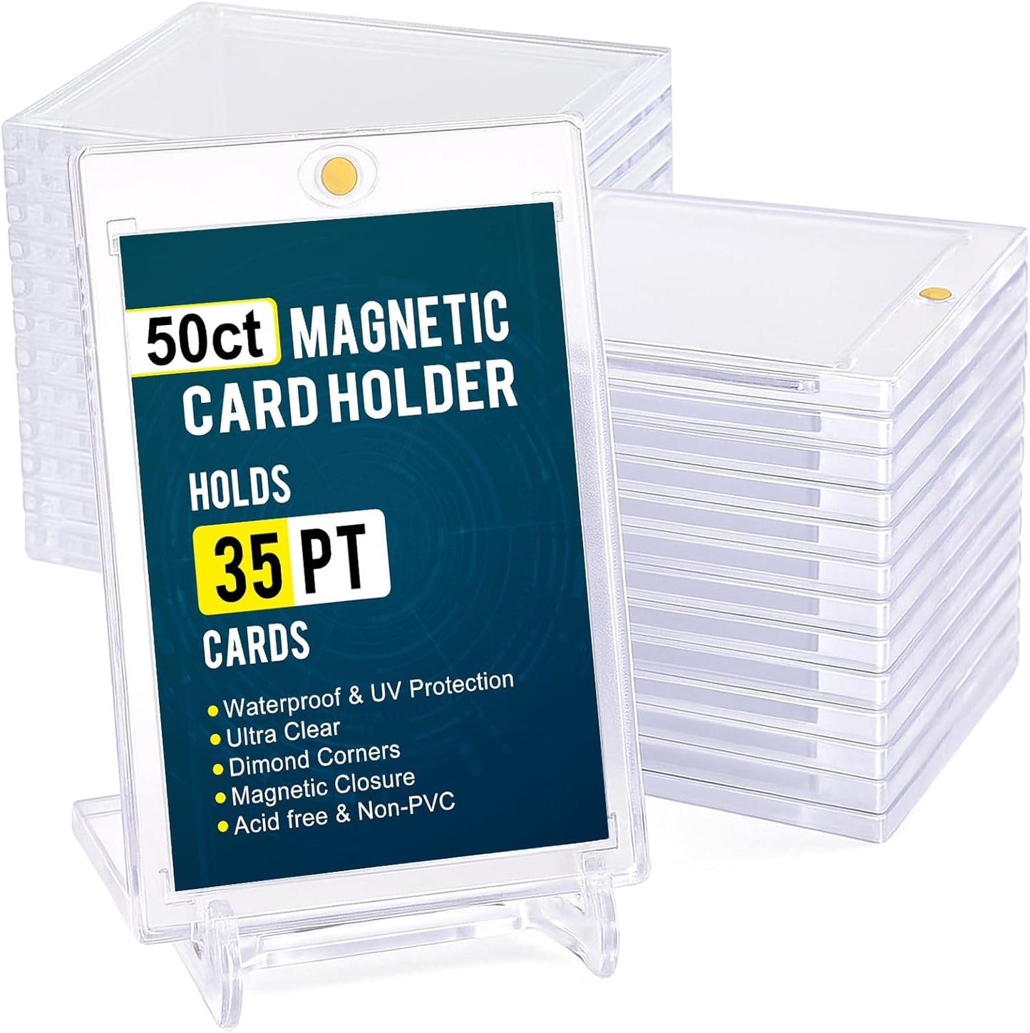 GEAoffice 50pc 35pt Magnetic Card Holder with Display Stands, UV Protection Baseball Card Holder for Trading Cards, Hard Plastic Display Card Protectors for Baseball Cards, Sports Cards