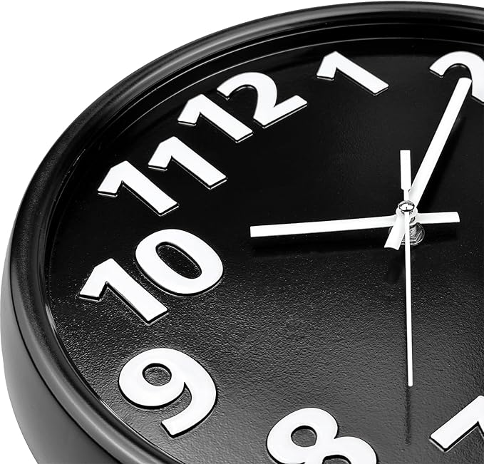 Plumeet 12'' Wall Clock, Battery Operated Wall Clocks Silent Non-Ticking Quartz, Modern Style Suitable for Bedroom Living Room Office Decor - 3D Numbers Display Easy to Read, Black