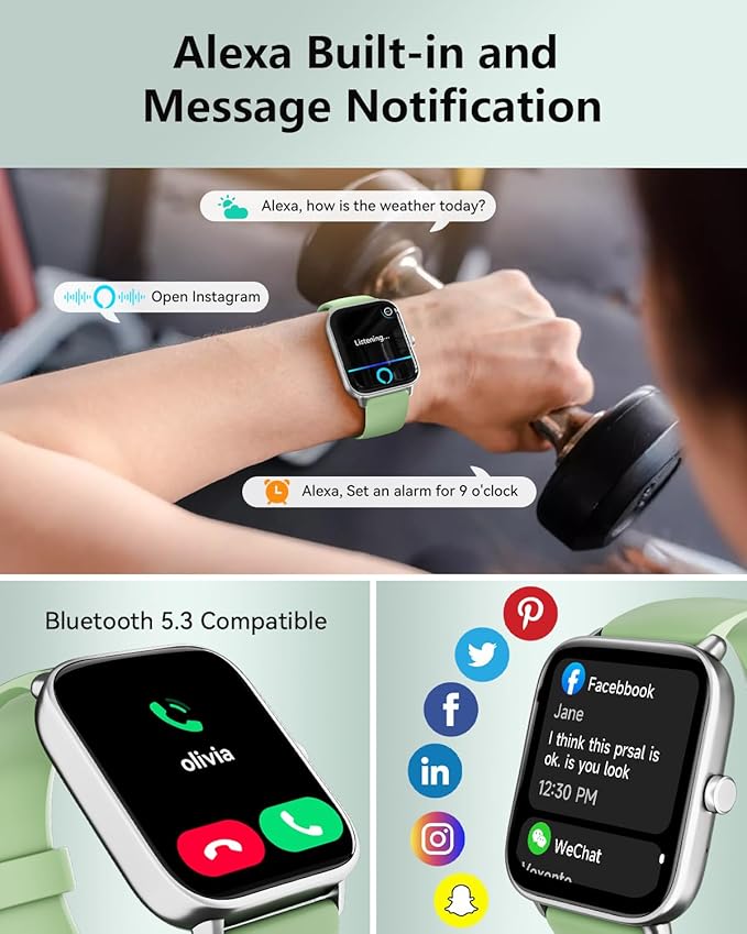 Smart Watches for Women/Men, Smart Watch for Android Phones and iPhone Compatible, Alexa Built-in, 1.8" Fitness Watches for Women, IP68 Waterproof /Bluetooth Call, Heart Rate/Sleep Monitor, Green