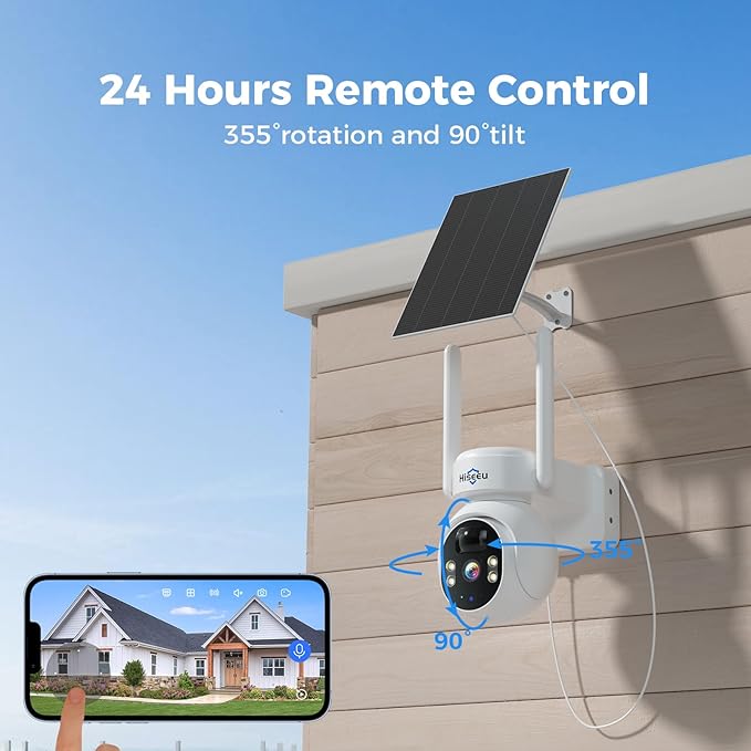 Hiseeu Solar Camera, 4MP 100% Wireless WiFi Camera Outdoor, Humanoid Detection, PTZ 360° View, Color Night Vision, IP66 Waterproof, 2-Way Audio, 2.4G WiFi, Compatible with NVR, No Monthly Fee, 2PCS