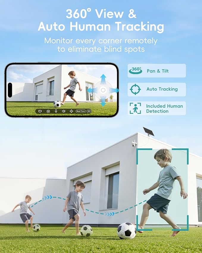 ZUMIMALL 24/7 Recording Solar Security Cameras Wireless Outdoor, 9W Solar Panel, AOV Cameras for Home Security, 360° Auto Tracking, 2K Color Night Vision, 2.4GHz WiFi, 512G Local Storage(Not Include)