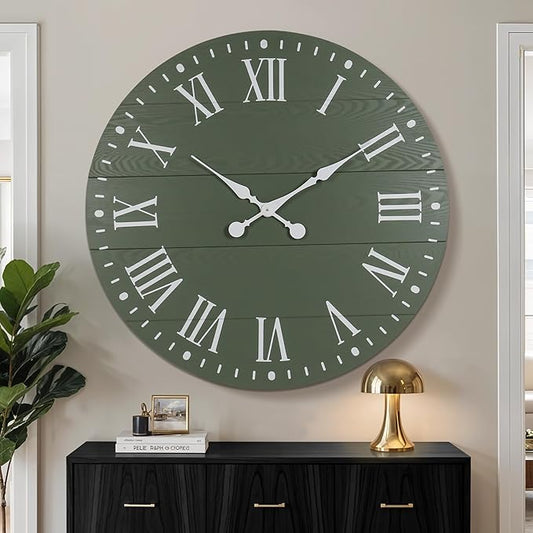 Large Wall Clock with Roman Numeral, 35” Shiplap Wall Clock Farmhouse Nearly Non-Ticking, Round Clock for Living Room Decor, Office, Bedroom, Entrance, Green