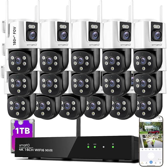 [2-in-1 CAM*16] XMARTO 32-View WiFi 6 Mesh Security Camera System Outdoor Wireless, 16x Dual-Lens CAM, 16CH 4K Long Range WiFi6 Surveillance NVR Kit, 4MP PTZ Home CCTV Set w. 1TB HDD, No Monthly Fee