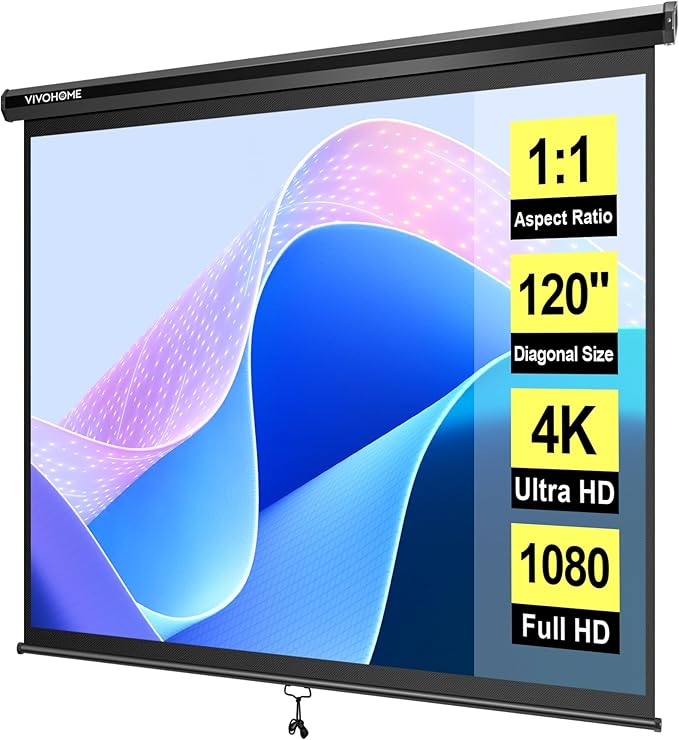 VIVOHOME 120 Inch 1:1 Pull Down Projector Screen, HD 4K Retractable Movie Screen for Indoor Home Theater and Office, Manual Projection Screen with Auto Locking (84Wx84H Inch Display Area)