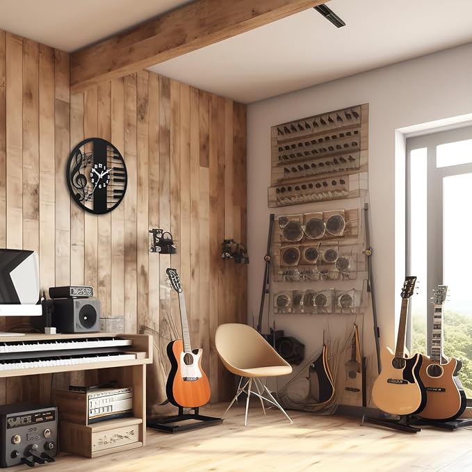 12 Inch Music Themed Wall Clock - Piano Key & Musical Note Design, Silent and Battery Operated - Perfect for Music Room, Studio Decor - Gift for Pianists, Musicians & Music Lover