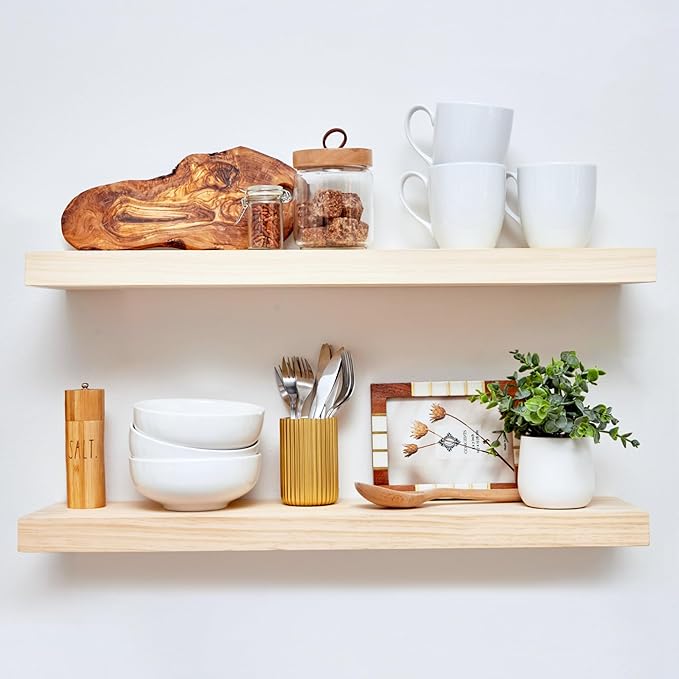 Homeforia 30 inch Wood Floating Shelves, High End Solid Natural Wood 30inch Floating Shelf for Wall, Unfinished Wooden 30 inches Floating Shelves, Heavy Duty Bracket, 30 X 6.5 X 1.75 in, Set of 2