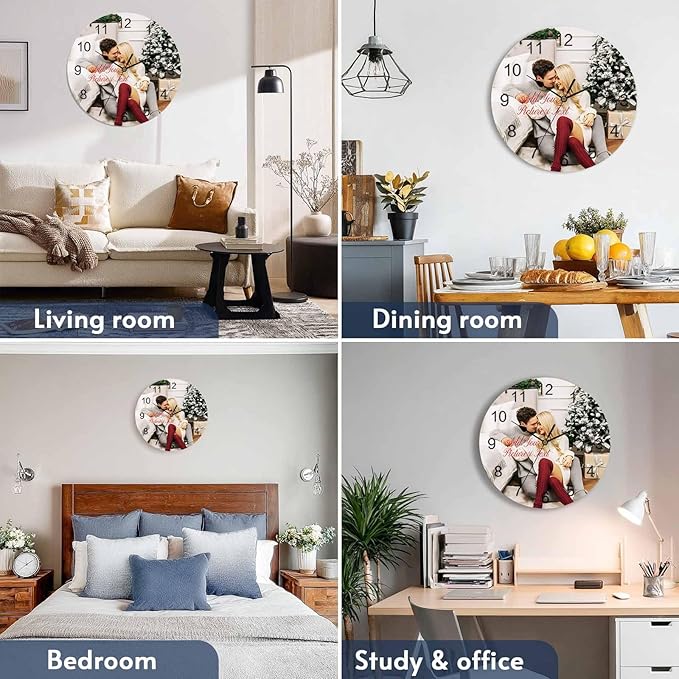 Personalized Clocks with Picture/Text, Custom Photo Silent Wall Clock Non Ticking, Wall Clocks Decorations for Kitchen, Bedroom, Living Room, Idea Gifts for Him Her Christmas (10", 12", 14")