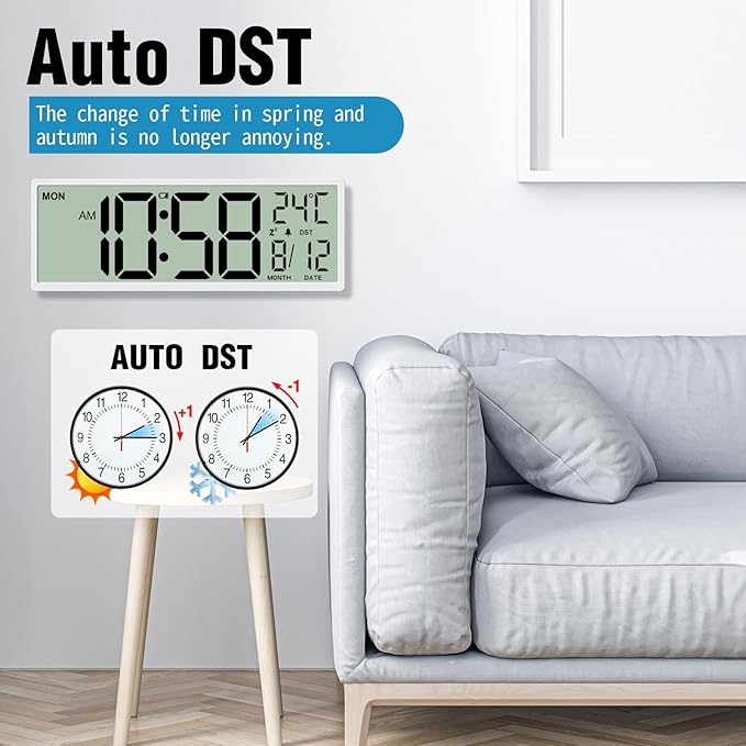XREXS 14.5" Digital Wall Clock Battery Operated with Big Digits LCD Screen Display, Large Display Timer with Temperature Date Week Auto DST, Alarm Clock for Classroom, Livingroom, Office