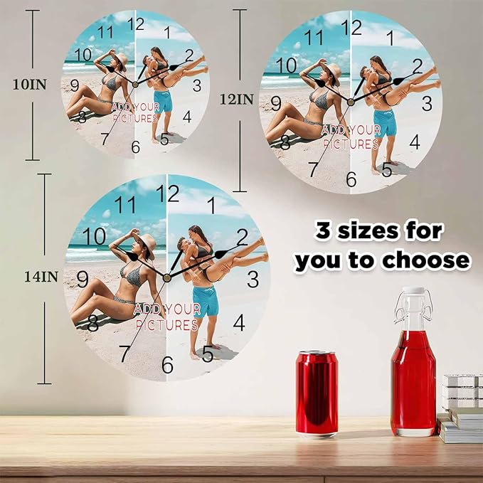 Personalized Clocks with Picture/Text, Custom 2 Photo Silent Wall Clock Non Ticking for Bedroom, Living Room, Kitchen, Office, Customized Anniversary Valentine's Day Gifts (10", 12", 14")