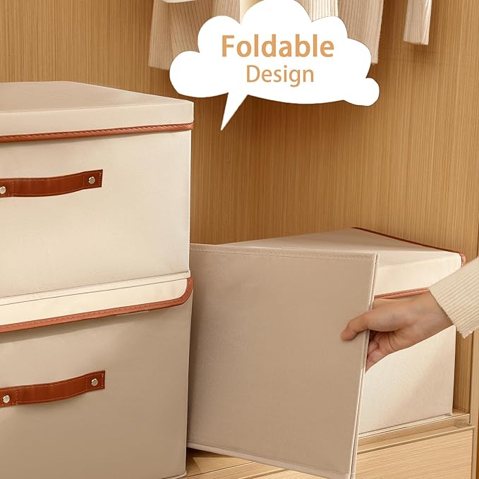 Tuza 2-Pack Large Fabric Storage Bins with Lids, Foldable Storage Boxes with Lids for Organizing, Decorative Storage Boxes with Handles for Home, Bedroom, Closet, Office(Khaki, Large)