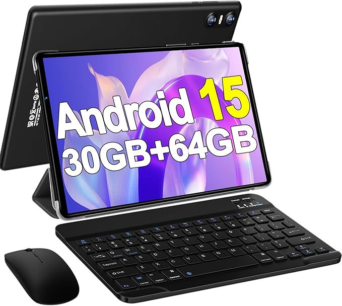 2025 Android 15 Tablet with Keyboard, 10.1 Inch Tablets FHD Display 30GB RAM 64GB ROM 1TB Expand, Octa-Core 2.0GHz, Widevine L1, 6000mAh Battery, 5G WiFi & GPS, Gemini AI, 2-in-1 Tableta PC - Black