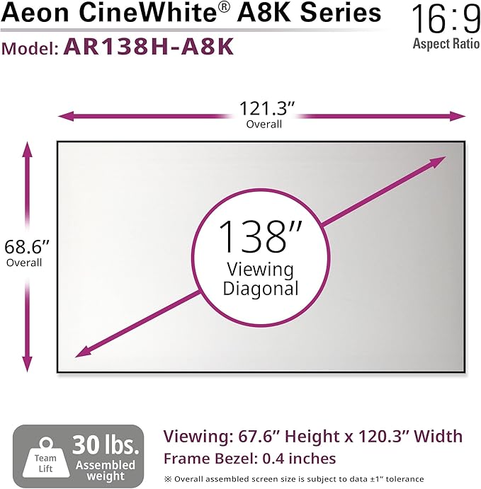 Elite Screens Aeon CineWhite A8K, 138-INCH Diag, 16:9 Aspect Ratio, ISF Certified 8K Ultra HD Home Theater Fixed Frame Edge Free Projection Sound Transparent Perforated Weaved, AR138H-A8K