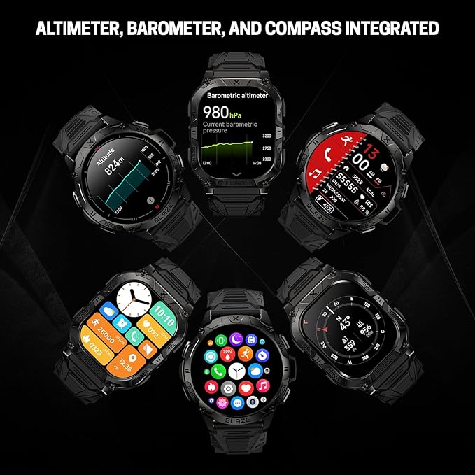 CARBINOX Blaze Smart Watch Ultimate Pack with GPS, Rugged Fitness Tracker Waterproof IP69K, Compatible with Android and iOS, 170+ Sports Modes, Make/Receive Calls (Square)