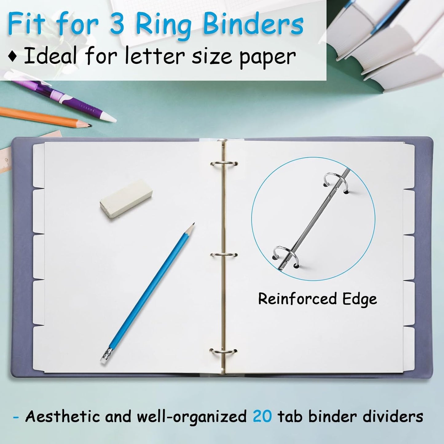 Binder Dividers for 3 Ring Binder, 1/5 Cut Tabs, Letter Size, Blank Write On Page Dividers with 5 Big Tabs for School Office Home, 12 Sets, 60 Dividers, White