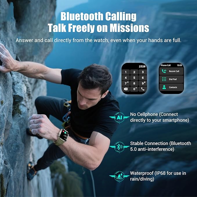 Military Smart Watches for Men，Smart Watch for Android iPhone with Large 2.01"Fitness HD Display/Flashlight/100-Day Battery/Compass/Heart Rate/120+ Sports Modes/IP68 Waterproof Smartwatch （2 Straps)